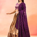 Magenta Gold Banarasi Silk Lehenga With Floral Border Dupatta
