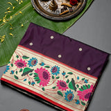 Deep Purple Gold Zari Butti Paithani Saree With Multi-Color Floral Border