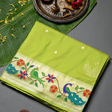 Lime Green Paithani Silk Saree With Peacock & Floral Weave Border