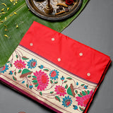 Red And Beige Paithani Woven Pure Silk Saree With Multicolour Lotus Floral Border And Pallu