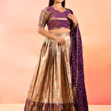 Magenta Gold Banarasi Silk Lehenga With Floral Border Dupatta