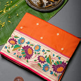 Bright Orange Silver Zari Floral Butti Pure Silk Paithani Saree With Multicolour Lotus Beige Pallu