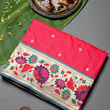 Coral Pink Gold Zari Floral Butti Pure Silk Paithani Saree With Cream Multicolour Lotus Pallu