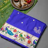Royal Blue Paithani Weave Saree With Silver Zari Peacock Border