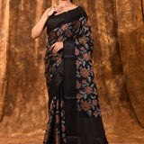 Black Floral Embroidered Silk Blend Saree