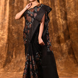 Black Floral Embroidered Silk Blend Saree