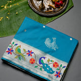 Bright Blue Paithani-Inspired Silk Blend Saree With Silver Zari Peacock Border