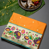 Vibrant Yellow Gold Zari Butti Saree With Multi-Color Floral Woven Border