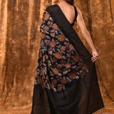 Black Floral Embroidered Silk Blend Saree