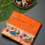 Vibrant Orange Paithani Weave Saree With Gold Zari Peacock Border