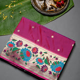 Magenta And Beige Paithani Woven Pure Silk Saree With Teal Lotus Floral Border And Pallu