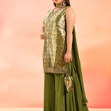 Olive Gold Brocade Tissue Straight Cut Palazzo Set