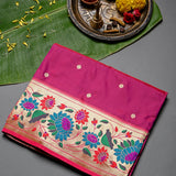 Rani Pink Paithani Silk Saree With Lotus Floral Weave Border & Gold Zari Butti