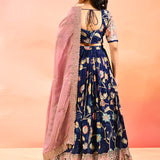 Navy Floral Printed Lehenga With Kalamkari Border Detail