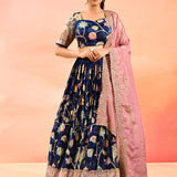 Navy Floral Printed Lehenga With Kalamkari Border Detail