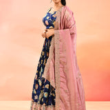 Navy Floral Printed Lehenga With Kalamkari Border Detail