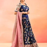 Navy Floral Printed Lehenga With Kalamkari Border Detail