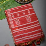 Beige & Red Banarasi Tussar Silk Saree With Ikat Weave Pallu & Contrast Border
