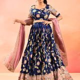 Navy Floral Printed Lehenga With Kalamkari Border Detail