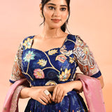 Navy Floral Printed Lehenga With Kalamkari Border Detail