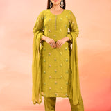 Leafe Green Colourful Floral Butti Straight Cut Suit