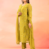 Leafe Green Colourful Floral Butti Straight Cut Suit