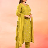 Leafe Green Colourful Floral Butti Straight Cut Suit