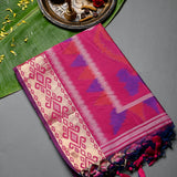 Blue & Pink Banarasi Silk Saree With Patan Patola Weave & Gold Zari Border