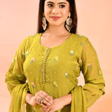 Leafe Green Colourful Floral Butti Straight Cut Suit