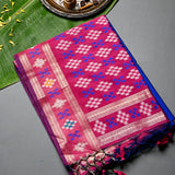 Royal Blue & Pink Banarasi Silk Saree With Patan Patola Double Ikat Weave & Gold Zari Border