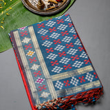 Red & Blue Banarasi Silk Saree With Patan Patola Double Ikat Weave & Silver Zari Border