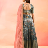 Slate Grey With Peach Embroidered Dupatta Banarasi Silk Lehenga
