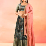 Slate Grey With Peach Embroidered Dupatta Banarasi Silk Lehenga