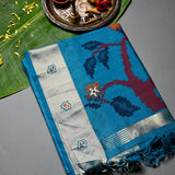 Turquoise Blue Silver Zari Bird Motif Silk Saree With Woven Pallu