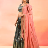 Slate Grey With Peach Embroidered Dupatta Banarasi Silk Lehenga