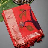 Red Paithani Silk Saree With Bird & Floral Weave Pallu & Copper Zari Border
