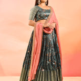 Slate Grey With Peach Embroidered Dupatta Banarasi Silk Lehenga