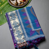 Vibrant Purple And Blue Banarasi Silk Saree With Patan Patola Ikat Design