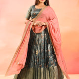 Slate Grey With Peach Embroidered Dupatta Banarasi Silk Lehenga