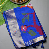 Royal Blue Banarasi Silk Saree With Shikargah Weave Pallu & Silver Zari Border
