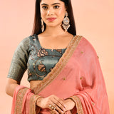 Slate Grey With Peach Embroidered Dupatta Banarasi Silk Lehenga