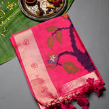 Hot Pink Banarasi Silk Saree With Shikargah Weave Pallu & Copper Zari Border