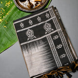 Beige & Black Banarasi Tussar Silk Saree With Ikat Weave Pallu & Contrast Border