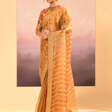 Golden Embroidered Tissue Saree With Stripes