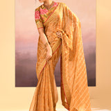 Golden Embroidered Tissue Saree With Stripes