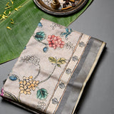 Beige Tussar Silk Saree With Kalamkari Floral Print, Kantha Embroidery & Grey Border