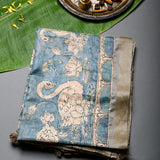 Blue Beige Gold Zari Floral Kalamkari Silk Saree With Peacock Motif Pallu