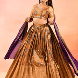 Mustard Gold With Purple Dupatta Banarasi Silk Lehenga