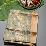 Beige & Olive Tussar Silk Saree With Kalamkari Duck & Floral Hand Painted Design