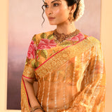 Golden Embroidered Tissue Saree With Stripes